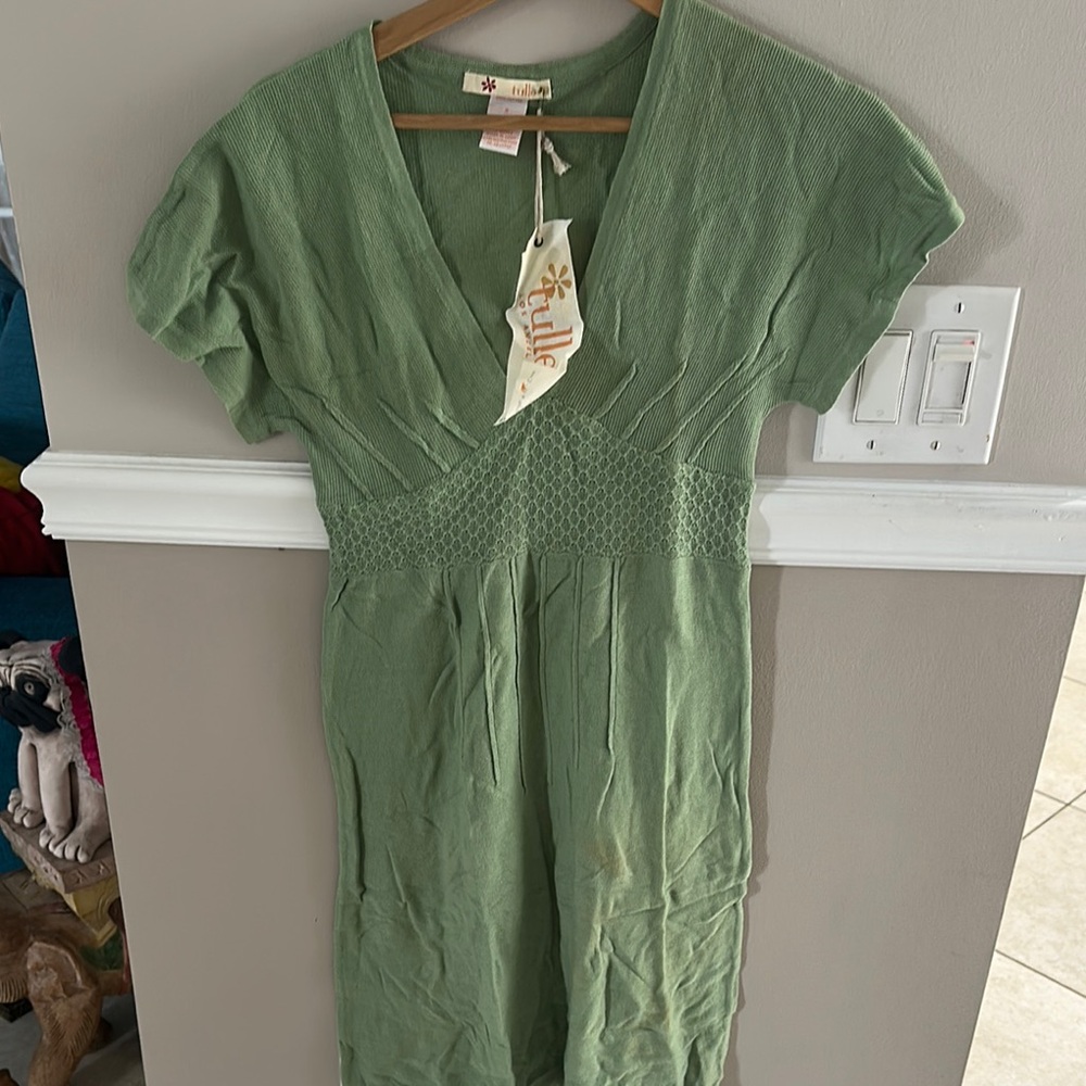 NWT Tulle Sage Green V-Neck knit Dress Size S